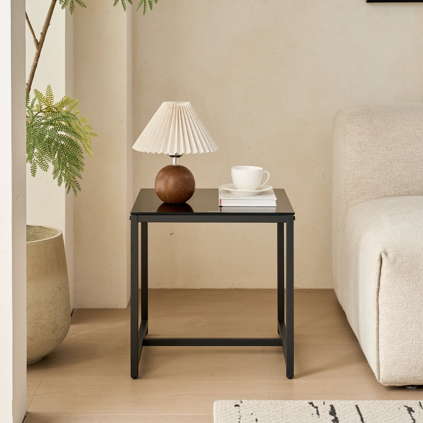 2 Pieces Black Glass Night Stand,MDF SideTable, Small Tea Table, Sofa Table With Metal Leg