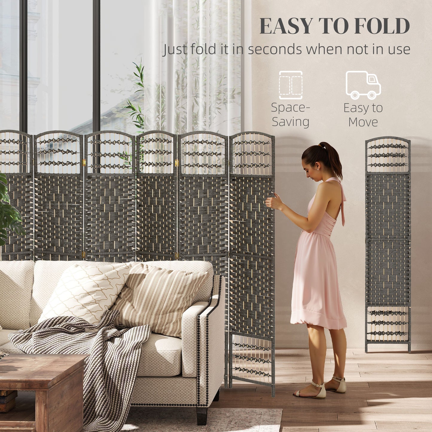 8 Panel Folding Room Divider Portable Privacy Screen Wave Fiber Room Partition For Home Office Dark Gray
