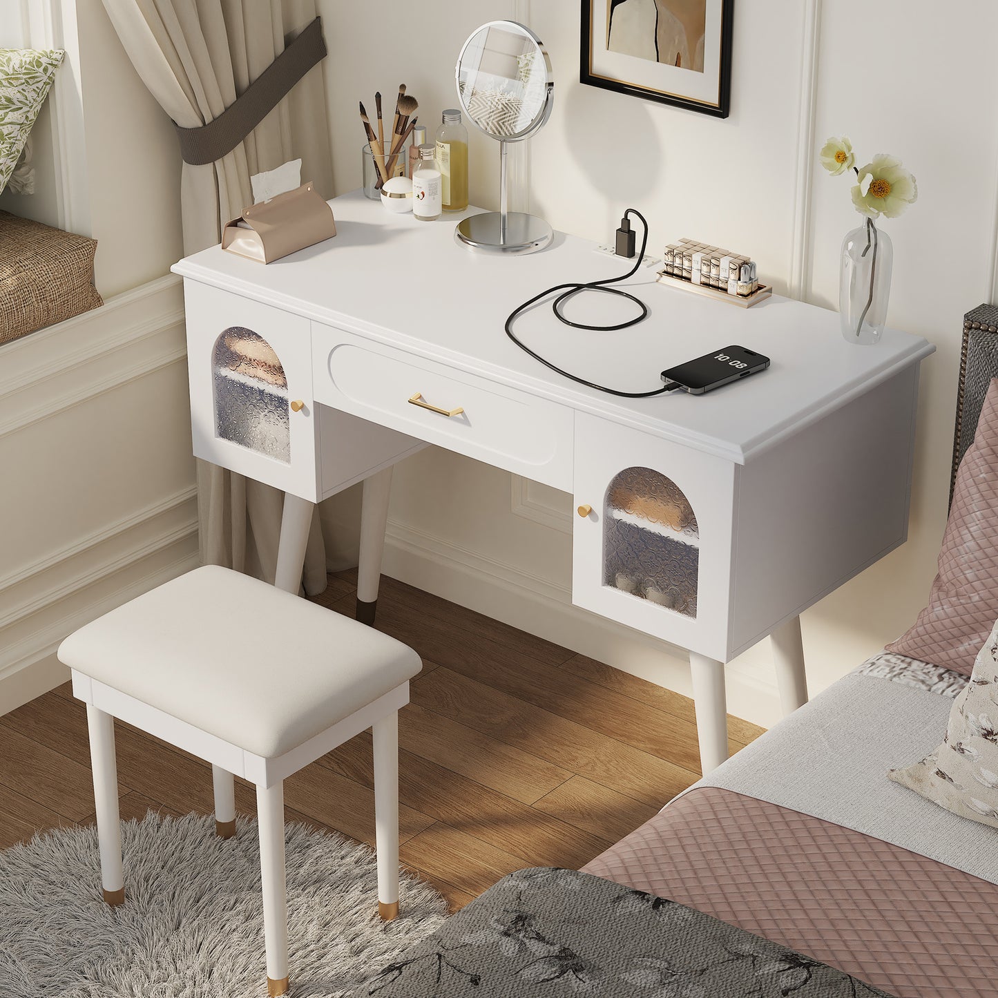 Elegant Vanity Makeup Table & Chair Set, Modern Dressing Table With Organizer, Writing Desk, Charging Port, White