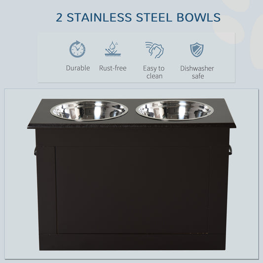 Raised Pet Feeding Storage Station With 2 Stainless Steel Bowls Base For Large Dogs And Other Large Pets, Coffee