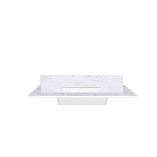 37 Inch Marble Vanity Top  White Vanity Top With 3 Pre-drilled Faucet Holes  Bathroom Vanity Top With Undermount Rectangular Middle Sink And 4 Height Backsplash   Bianco Carrara Venato