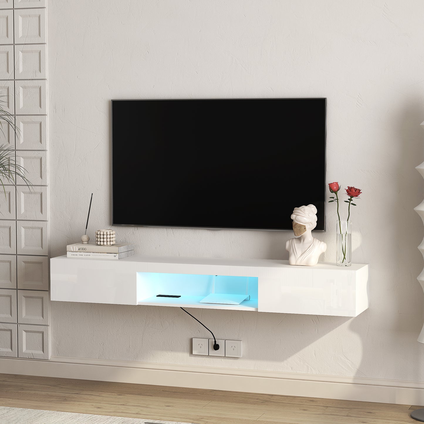 Floating TV Stand Wall Mounted With 16 Color LEDs,63  Modern TV Stand,Floating TV Cabinet Entertainment Center For 55 60 65 Inch TV,White