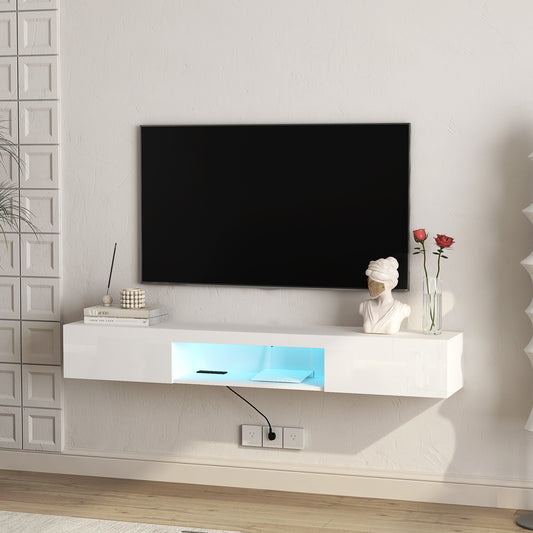Floating TV Stand Wall Mounted With 16 Color LEDs,63  Modern TV Stand,Floating TV Cabinet Entertainment Center For 55 60 65 Inch TV,White