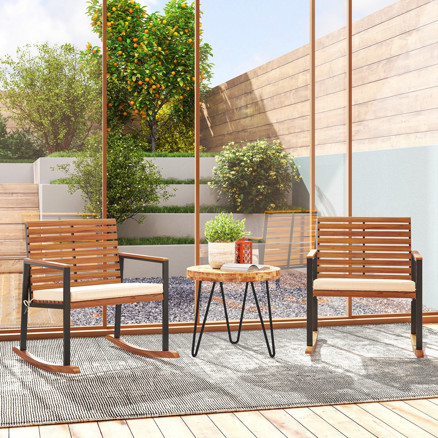 Acacia Wood Outdoor Lawn Rocking Chair Set Of 2, Outdoor Patio Rocking Chairs With Armrests, Cushion, Cream White
