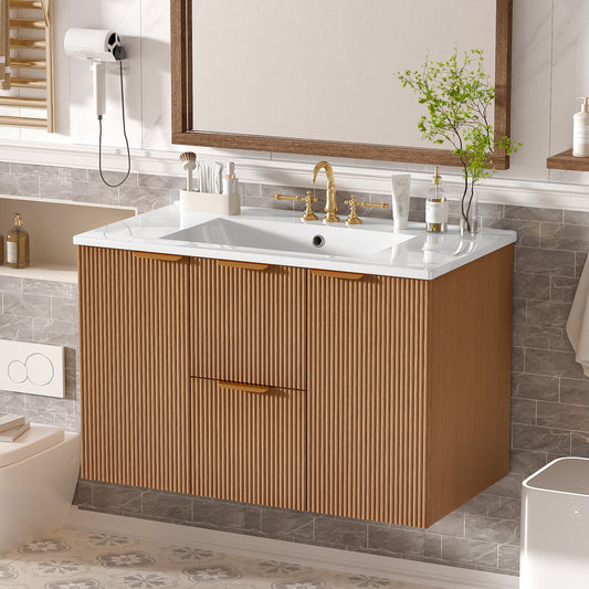 36 Inch Single Sink Bathroom Vanity With Ceramic Top, MDF Cabinet, Soft Close Doors, Divided Drawers, Wall-Mounted Modern Storage Vanity