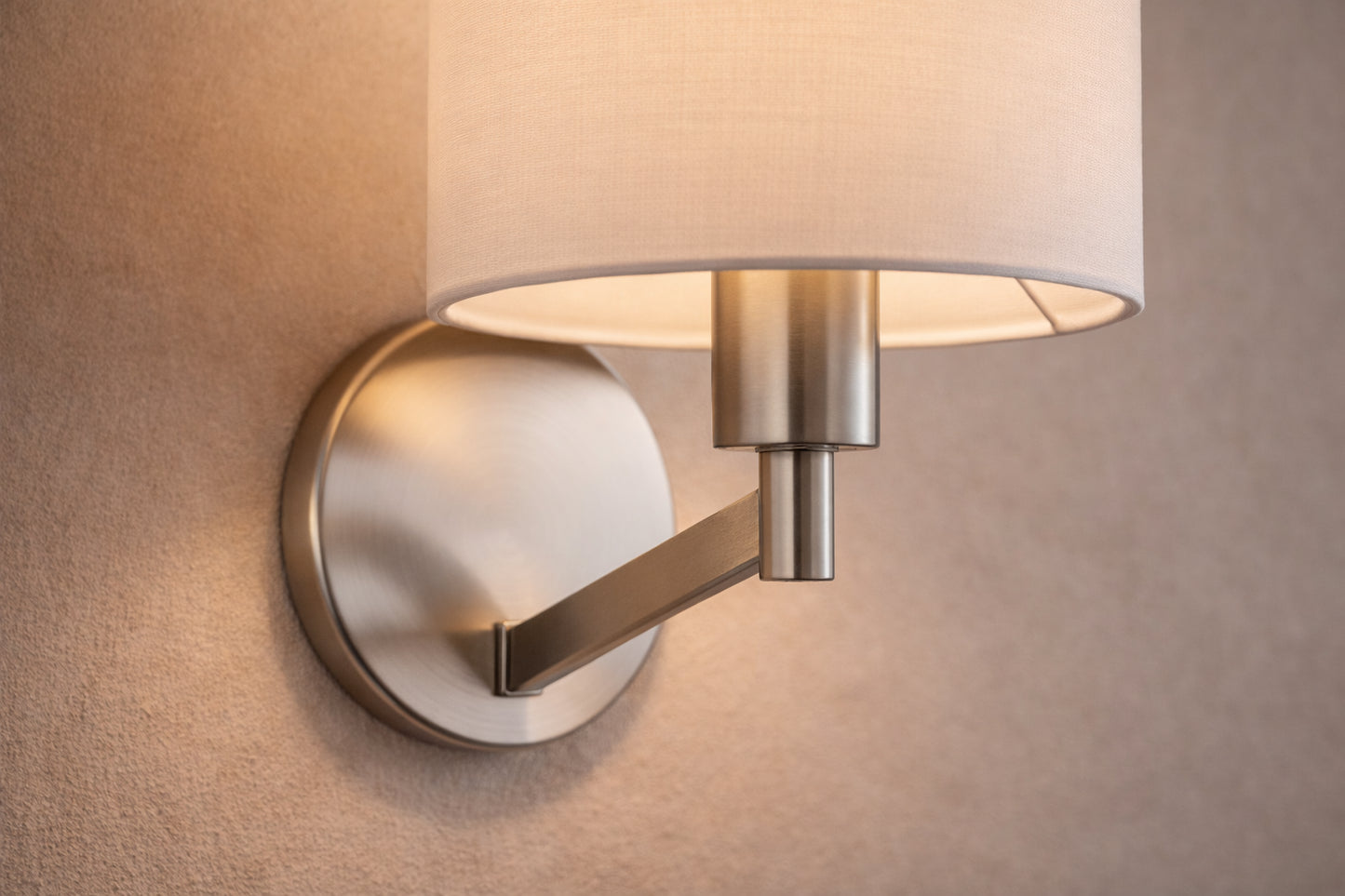 Nebula Brushed Nickel Base Wall Lamp With Rotary  White Fabric Shade