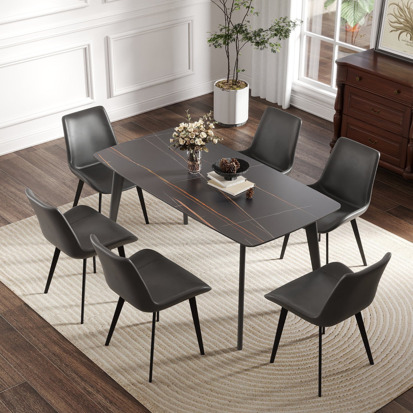 62.99  Modern Artificial Stone Black Curved Edge Dark Grey Metal Leg Dining Table-Can Accommodate 6 People Dining Table Only
