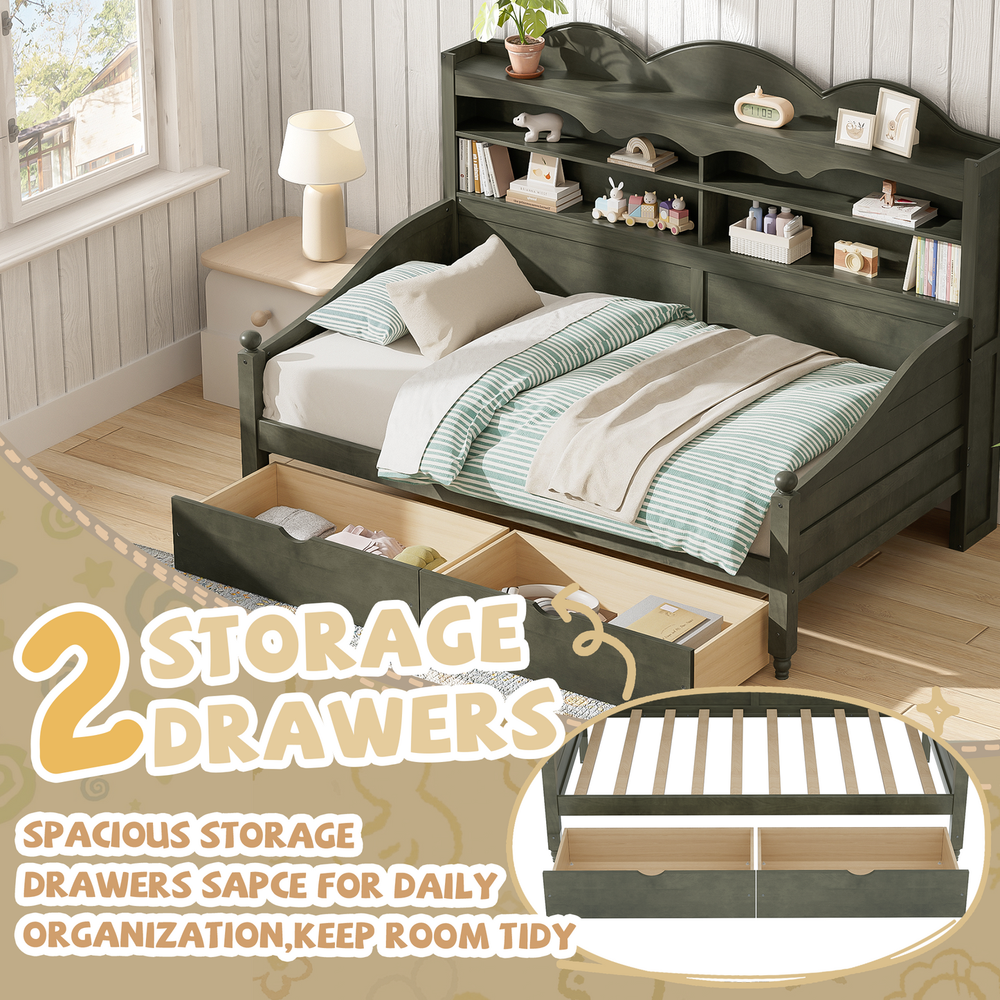 Twin Daybed With Storage Drawers, Wooden Twin Day Bed With Storage Headboard Shelving, Retro Style Daybed For Bedroom,Living Room,Guest Room,No Box Spring Needed, Easy Assembly, Antique Grey