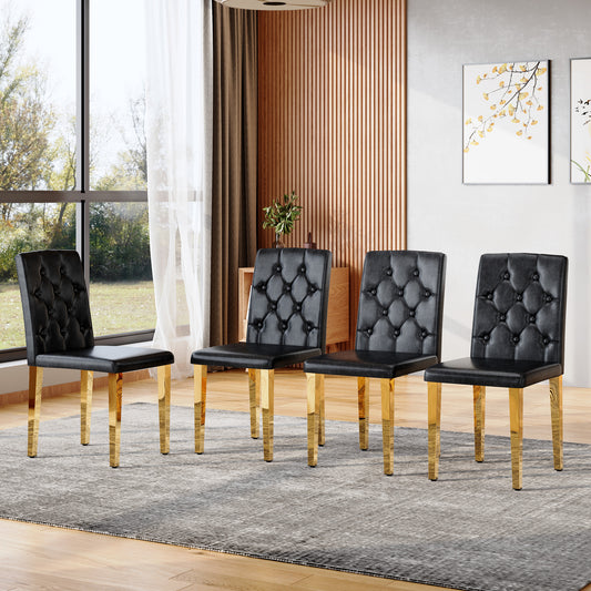 4-pack Black PU Dining Chairs Ergonomic Buckle Backrest, 35 Inches High, Golden Metal Legs,Combines Comfort And Texture.Perfectly Suitable For Family Dining Rooms, Hotel Banquet Halls,etc.