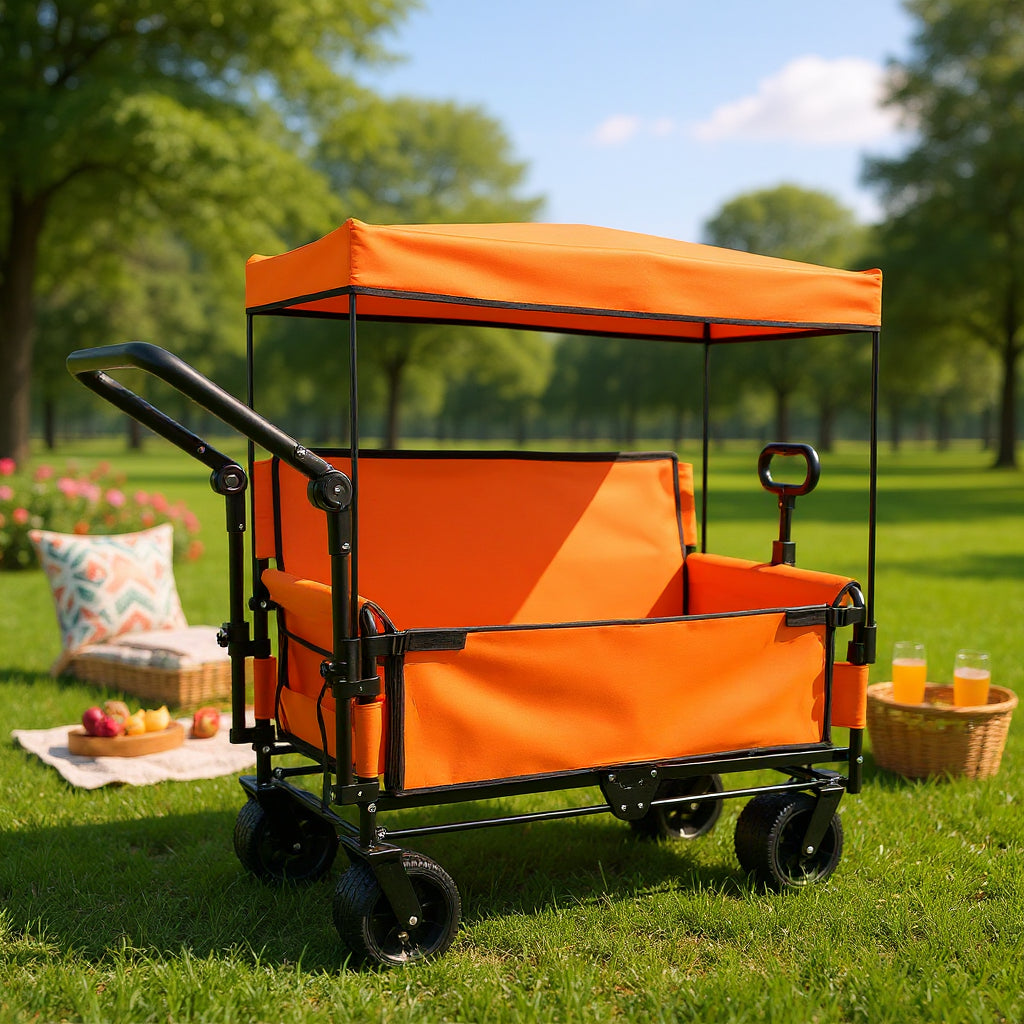 3- In- 1 Folding Wagon Cart With Bench Seat & Canopy & Storage  500lbs Heavy- Duty  180L Capacity  All- Terrain Wagon For Camping  Beach  Sports  & Garden  Orange