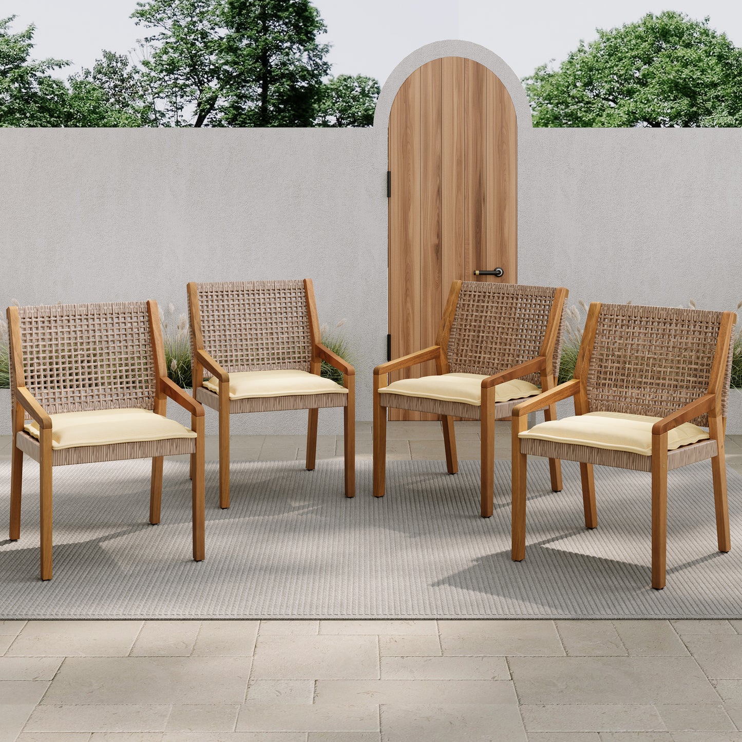 OUTDOOR DINING CHAIR SET-Acacia Wood And Wicker With Cream Cushion Patio Furniture-Teak Finish & Wicke Brown ,Suitable For Large Gatherings-set Of 4 N770P272397G 2-box