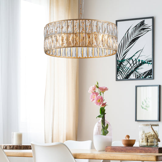 Golden Modern Crystal Drum Chandelier, 6-Light Pendant Lighting Fixture With Metal Frame For Living Room, Dining Room, And Bedroom Bulbs Not Included