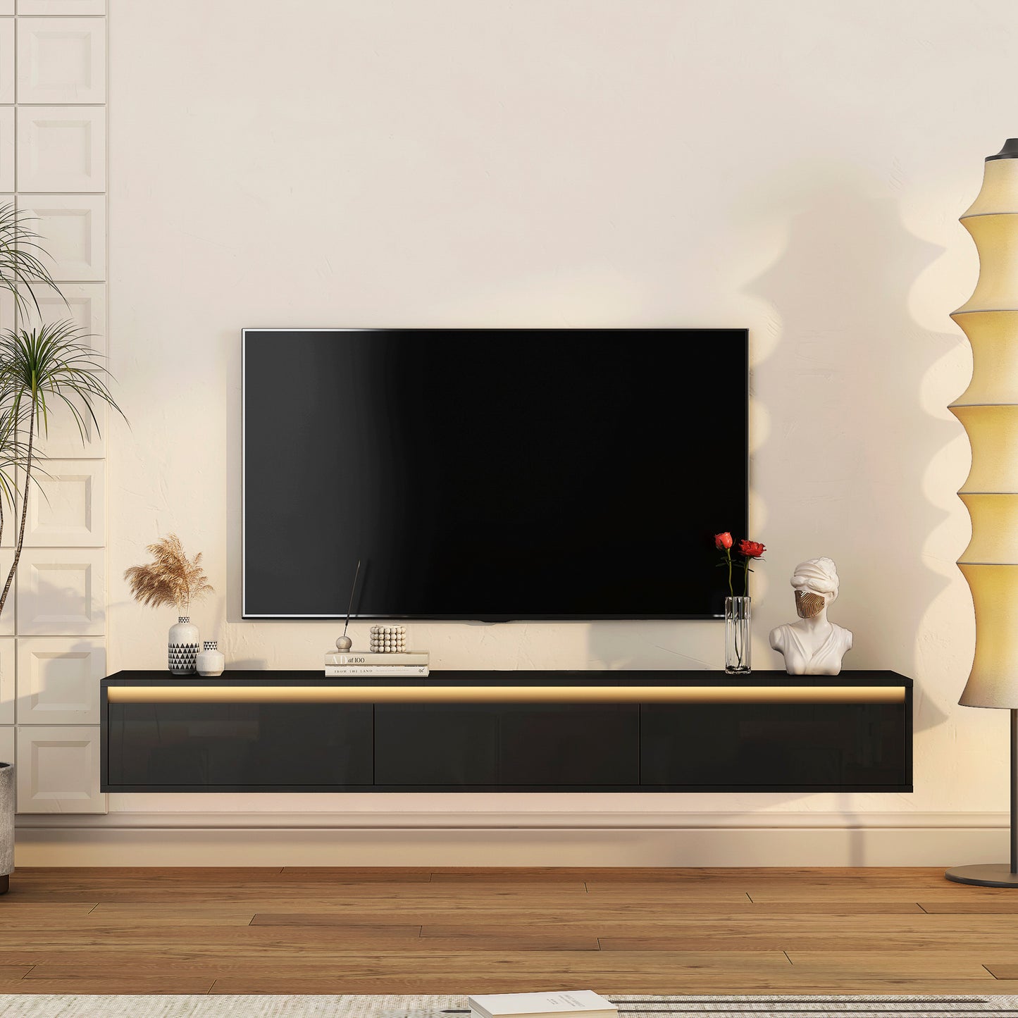 Floating TV Stand, Wall Mounted TV Shelf With Led Lights & Power OutletTV Cabinet For Black Tv Stands For Living Room