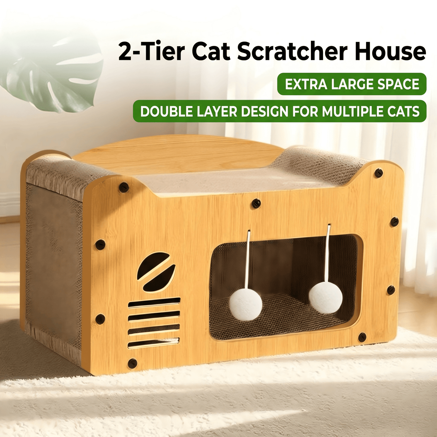 Multi-Style Double-Layer Cat Scratcher House, 2-Tier Large Cat Villa Bed With Corrugated Cardboard, Interactive Hanging Balls & Ergonomic Neck Support, Furniture-Saving Hideaway Cave For Indoor Cats