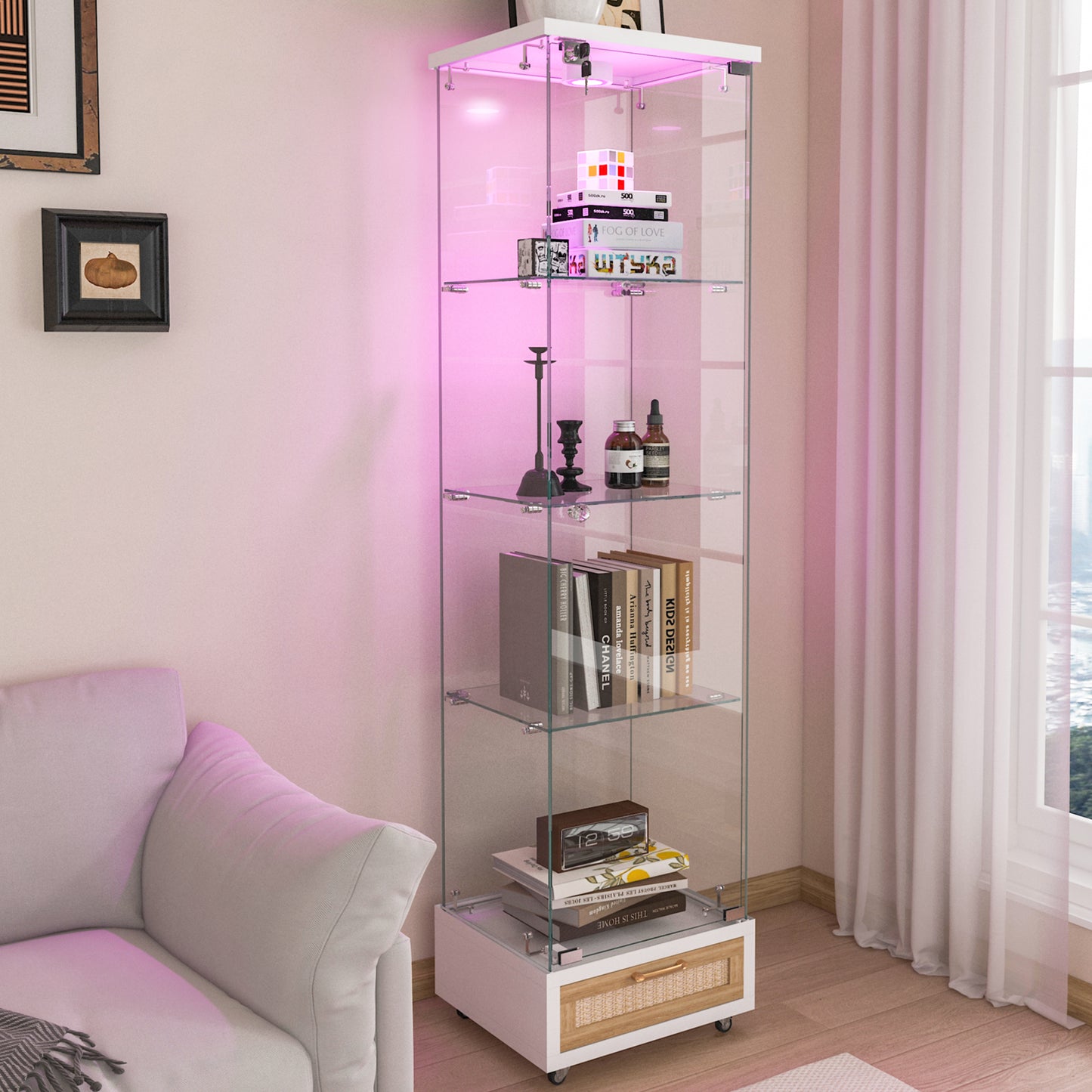 Modern Glass Display Cabinet With Drawer , Quick-assembly Antique Cabinet With LED Lights, Tempered Glass Bookshelf,  1-Door Storage Case With 4 Shelves  For Living Room And Bedroom, White And Natural