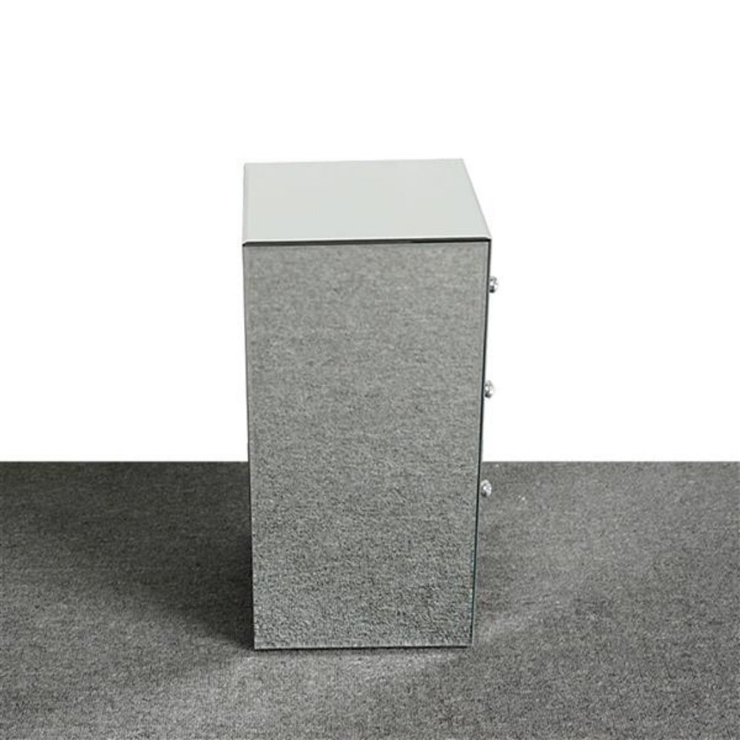 Mirror Bedside Table - Three Drawers, Silver Color