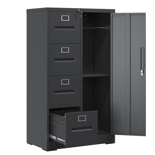 Metal Storage Vertical Filing Cabinet With Lock, Steel File Locker With 4 Drawers And 1 Door For School, Living Room, Bedroom, Office  Black