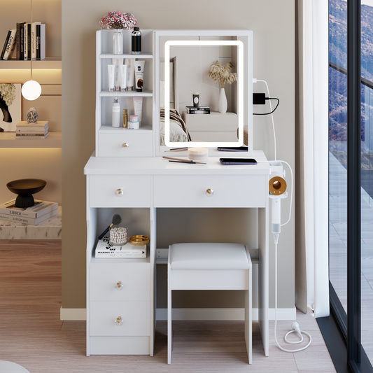 29.2  Small Size Left Drawer Desktop Vanity Table   Cushioned Stool, 2 AC 2 USB Power Station, Hair Dryer Bracket, Extra Large Touch Control Sliding LED Mirror, Tri-color Switching, Brightness Adjust