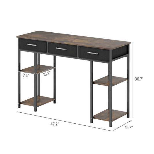 47" Small Computer Desk, Writing Desk With Fabric Drawers, Home Office Desk With Adjustable Shelves, Rustic Brown