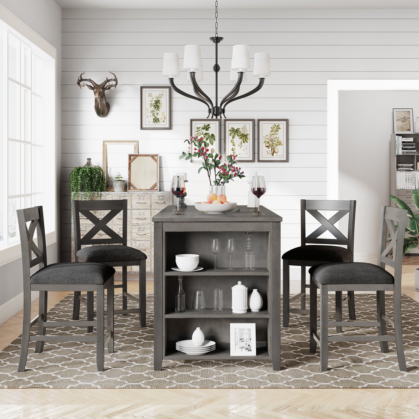 TOPMAX 5 Pieces Counter Height Rustic Farmhouse Dining Room Wooden Bar Table Set With 4 Chairs, Gray Old
