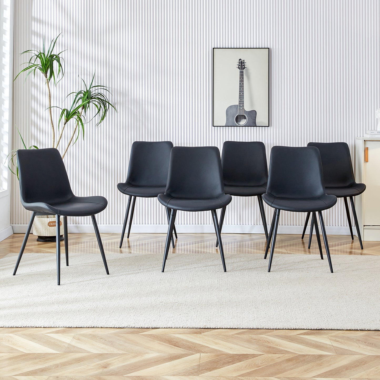 Black Artificial Leather Backrest Cushion Dining Chair, Black Metal Legs, Curved Widened Cushion Design For More Comfort, Suitable For Restaurants, Kitchens, Bedrooms, Offices. 6 Chairs   0502