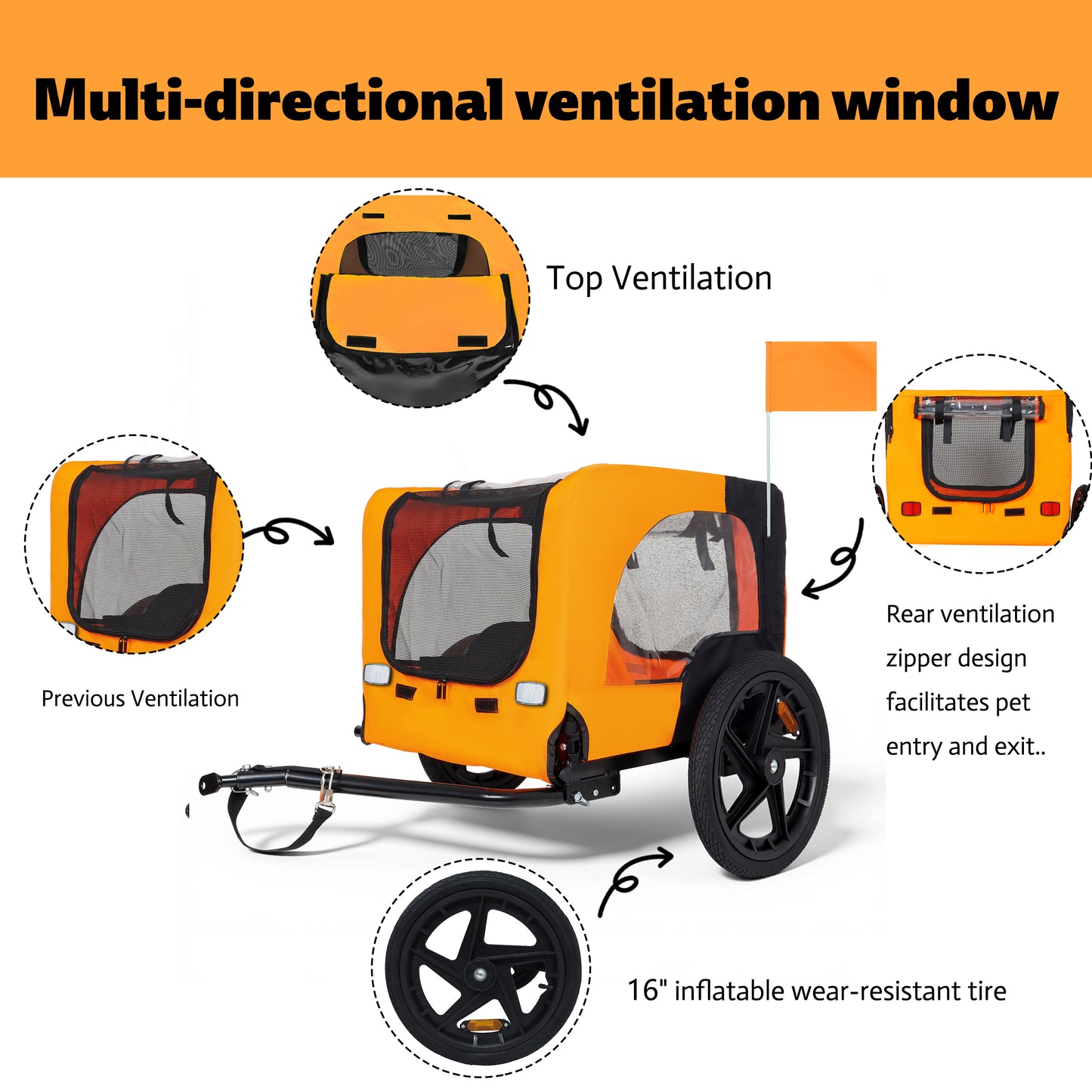 Outdoor Heavy Duty Collapsible Pet Bike Trailer With 16-Inch All-Terrain Wheels & Universal Hitch - Foldable Dog Cargo Carrier Cart For Bicycles, Black Orange