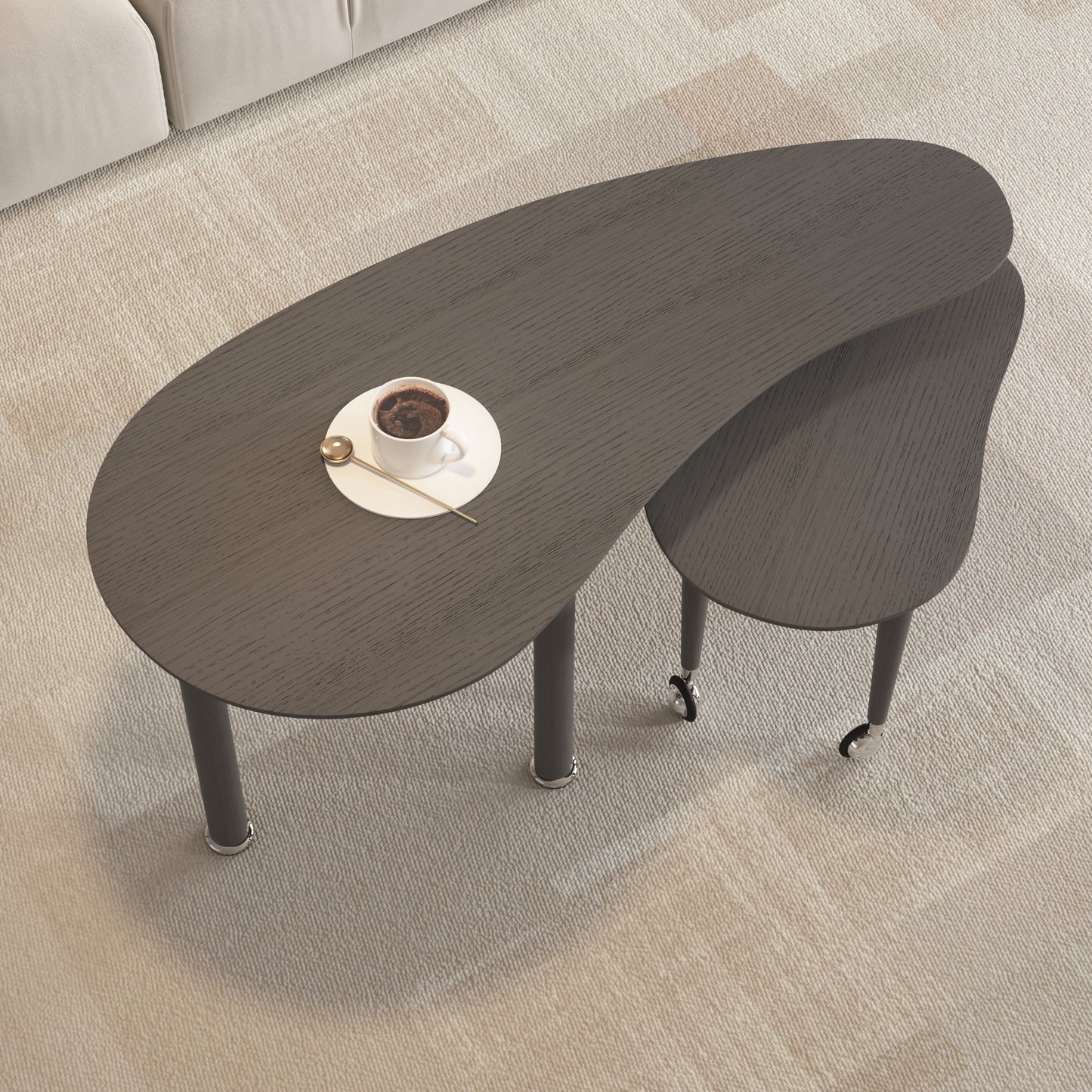 Contemporary Rotatable Cocktail Table With Solid Rubber Wood Legs, 360 Degree Rotating Coffee Table With Wood Grain Veneer Tabletop Grey Brown  Walnut Black Finish For Living Room, Bedroom