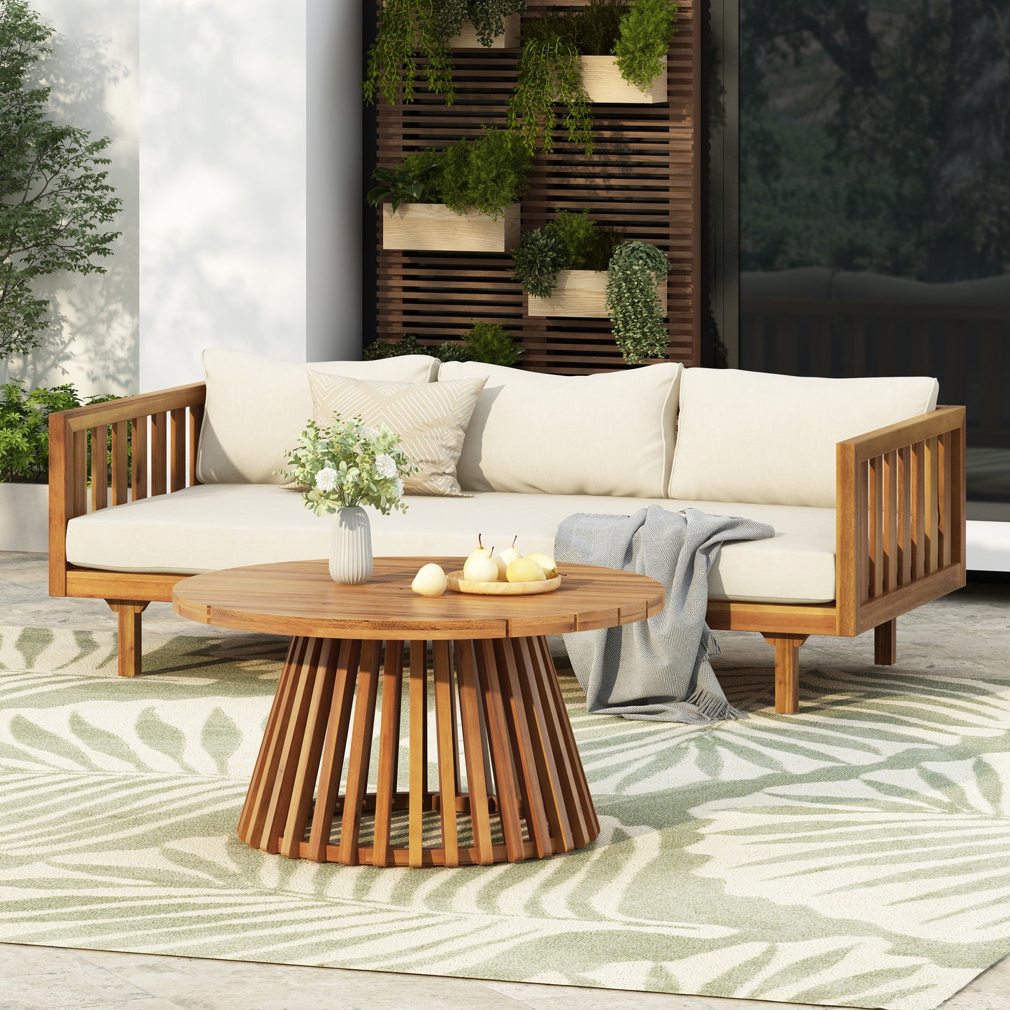 Acacia Wood Patio Furniture Set,Outdoor 3 Seater Daybed With Water Resistant Thick Cushions And Round Coffee Table, Beige Cushion