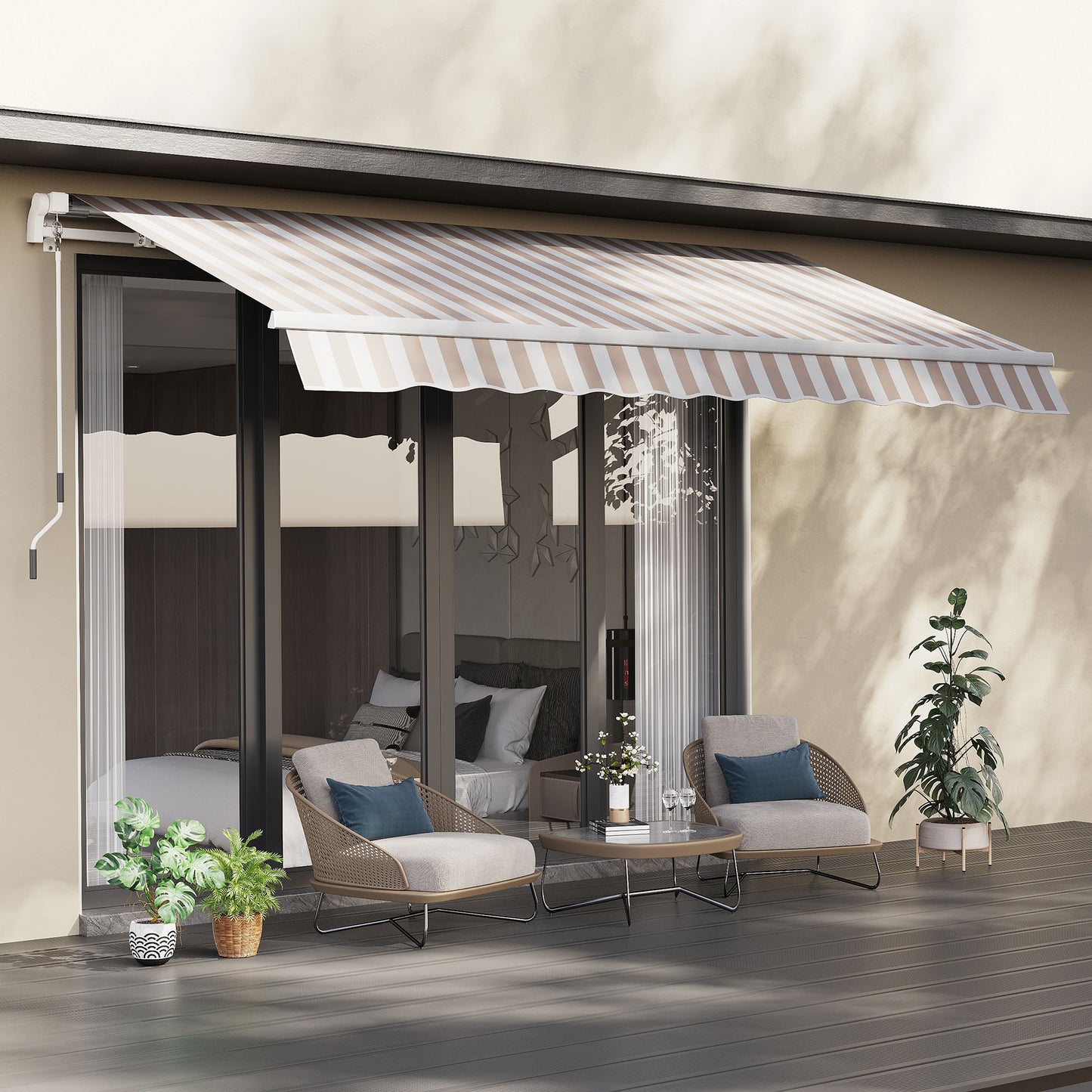 12' X 8' Retractable Awning Patio Awnings Sun Shade Shelter With Manual Crank Handle, 280g/m² UV & Water-Resistant Fabric And Aluminum Frame For Deck, Balcony, Yard, Beige