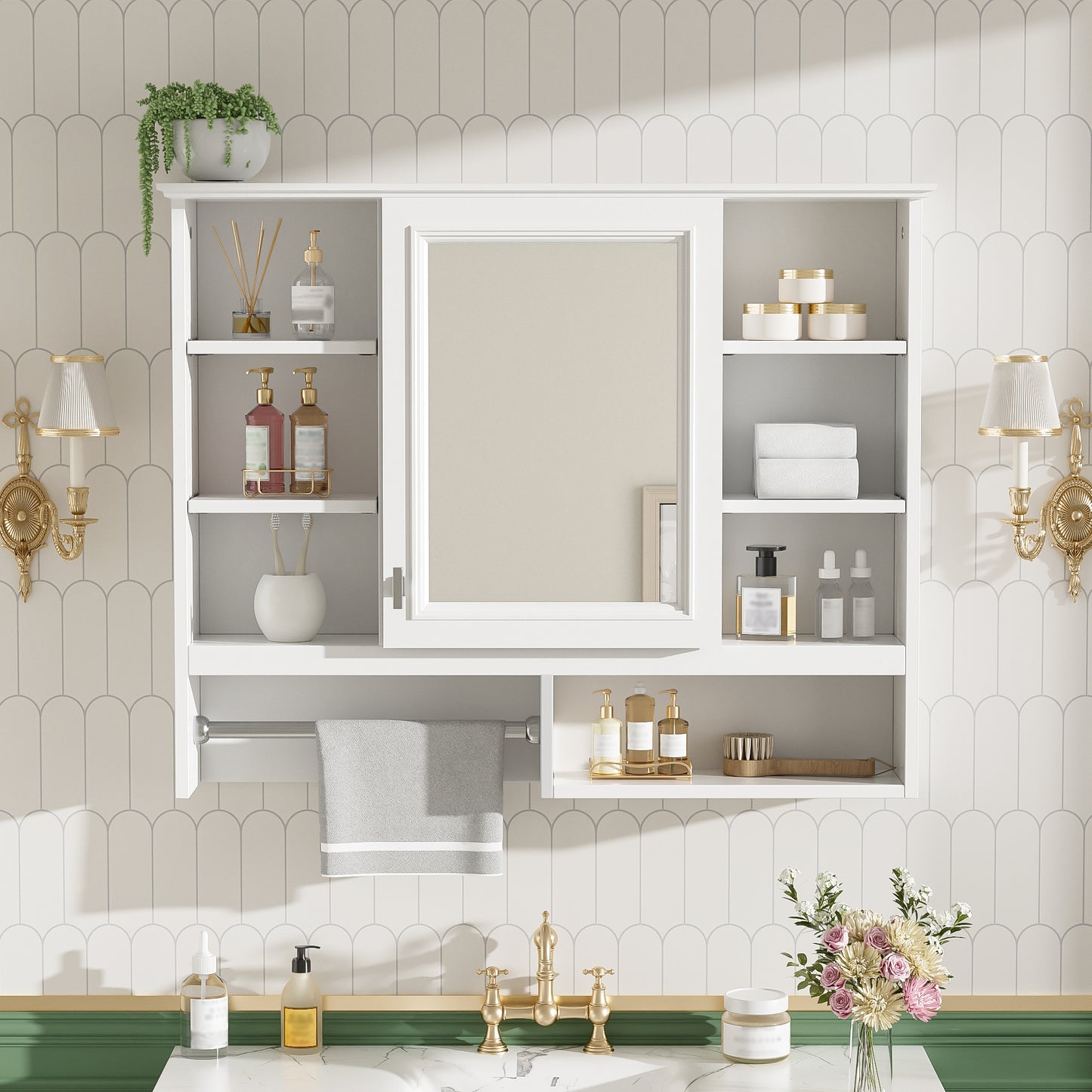 35 Inch Wall-Mount 2-in-1 Mirror Cabinet With Adjustable Shelves, Soft-Closing Hinges, Open Shelves, For Bathroom Vanity, Living Room, Bedroom Storage Organizer