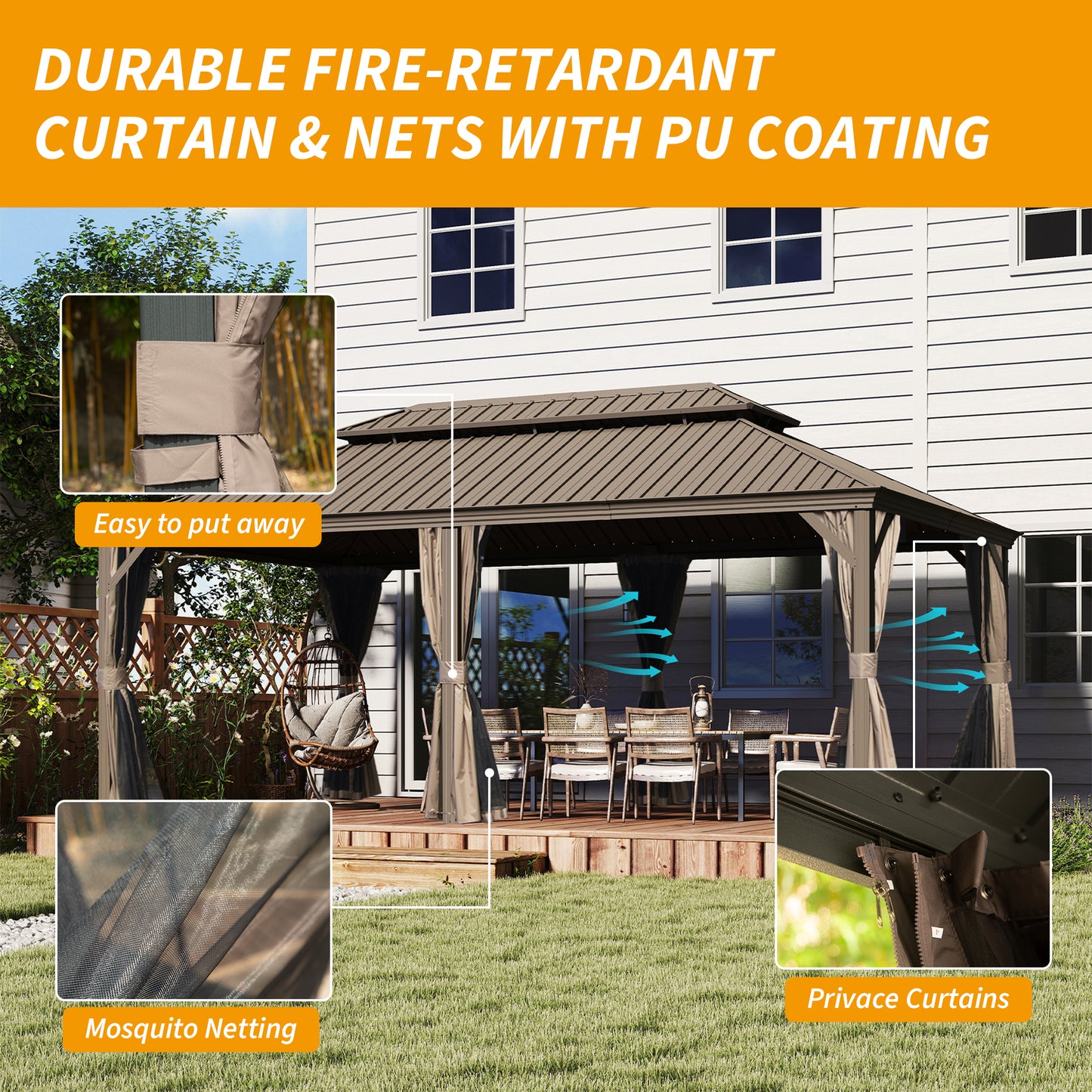 14  X 20  Hardtop Gazebo, Upgraded Metal Gazebo With Drainage System, Dual-Layer Galvanized Steel Roof, Curtain And Netting, Outdoor Shelter Canopy For Patio, Garden, And Backyard, Brown