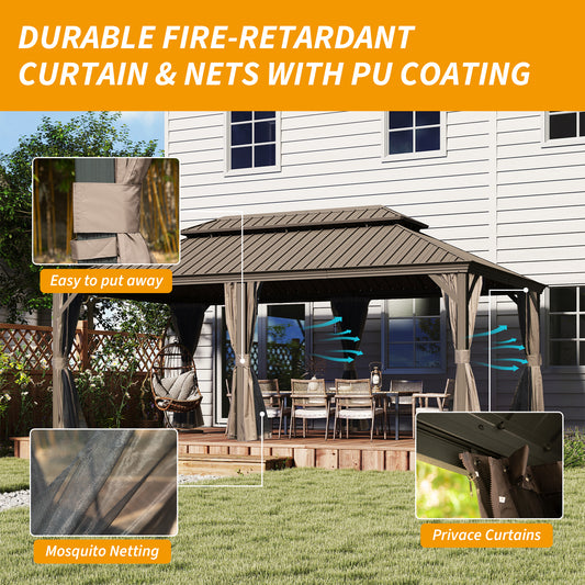 14  X 20  Hardtop Gazebo, Upgraded Metal Gazebo With Drainage System, Dual-Layer Galvanized Steel Roof, Curtain And Netting, Outdoor Shelter Canopy For Patio, Garden, And Backyard, Brown