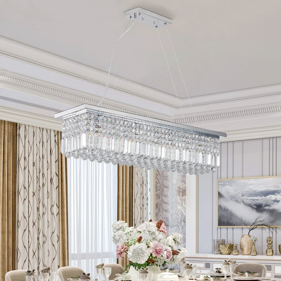 Modern Crystal Chandelier For Dining Room 8-Light White Rectangle Raindrop Chandelier Contemporary Rectangular Pendant Light Fixture For Kitchen Island Bar L39.4  X W9.8  X H8.7  Bulb Not Included