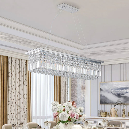 Modern Crystal Chandelier For Dining Room 8-Light White Rectangle Raindrop Chandelier Contemporary Rectangular Pendant Light Fixture For Kitchen Island Bar L39.4  X W9.8  X H8.7  Bulb Not Included