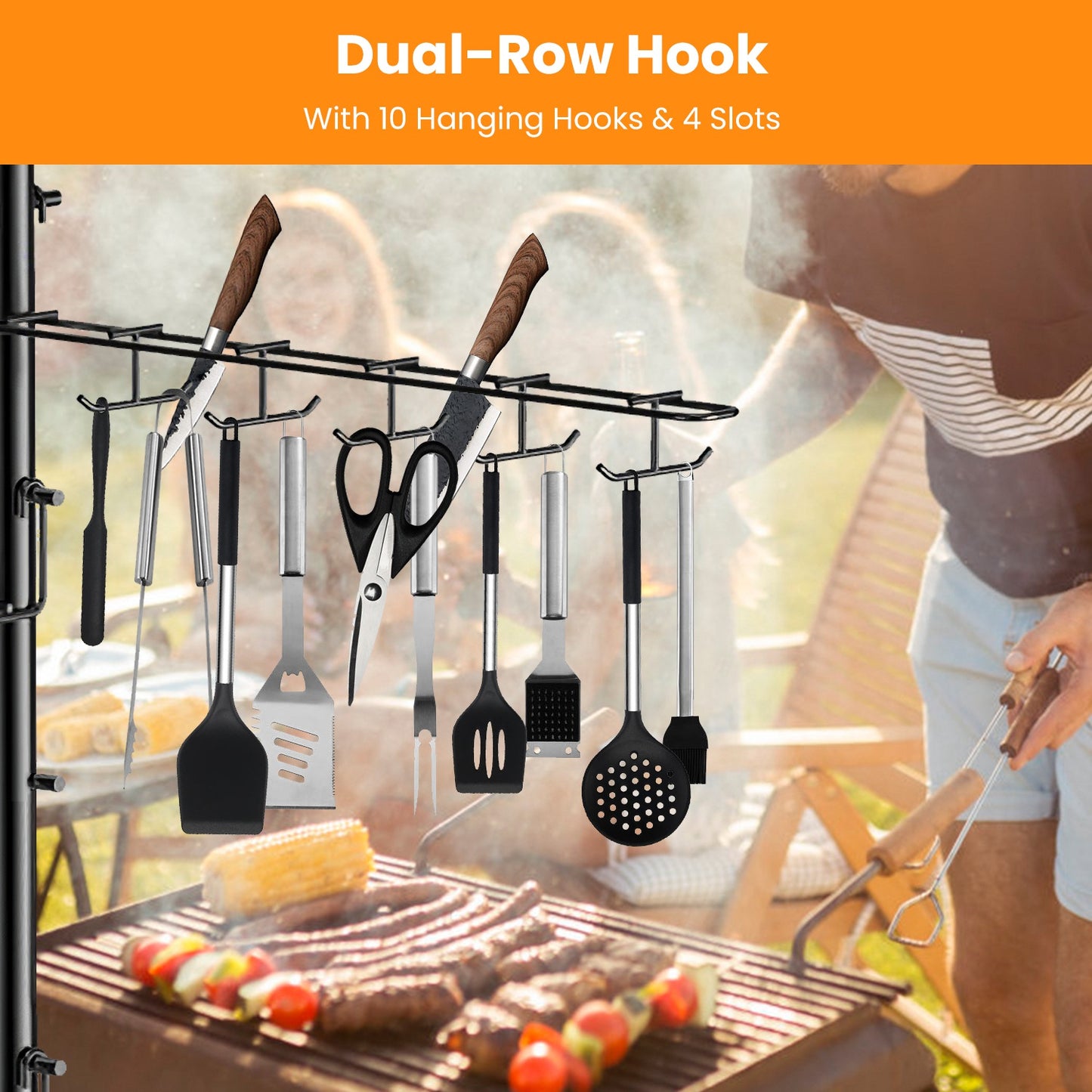 Standing BBQ Storage Caddy, Large Capacity Griddle Organizer With Multi-Size Baskets, Tool Hooks & Windproof Paper Towel Holder, Easy Assembly For Camping Picnic Party