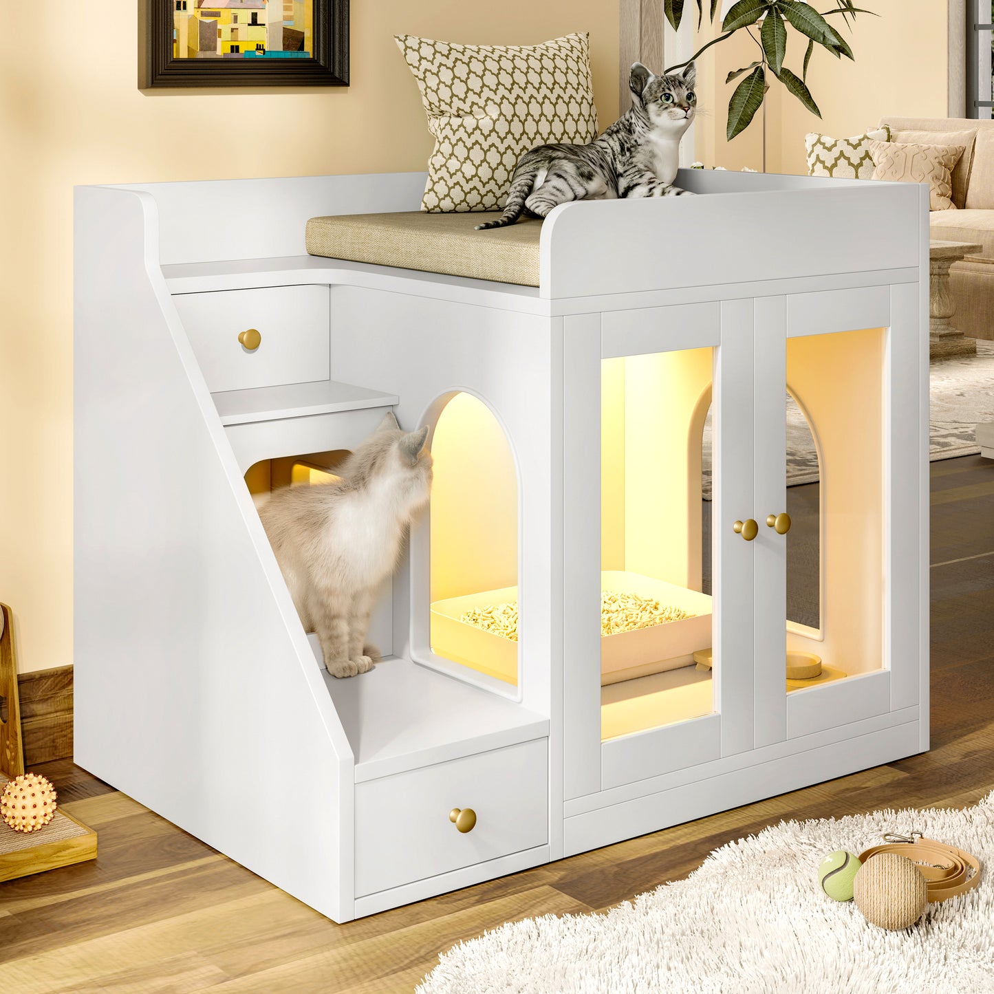 GO Cat Litter Box Enclosure With  Light , Hidden Litter Box Furniture With 2 Storage Drawers, Indoor Cat House Side Table For Living Room, White