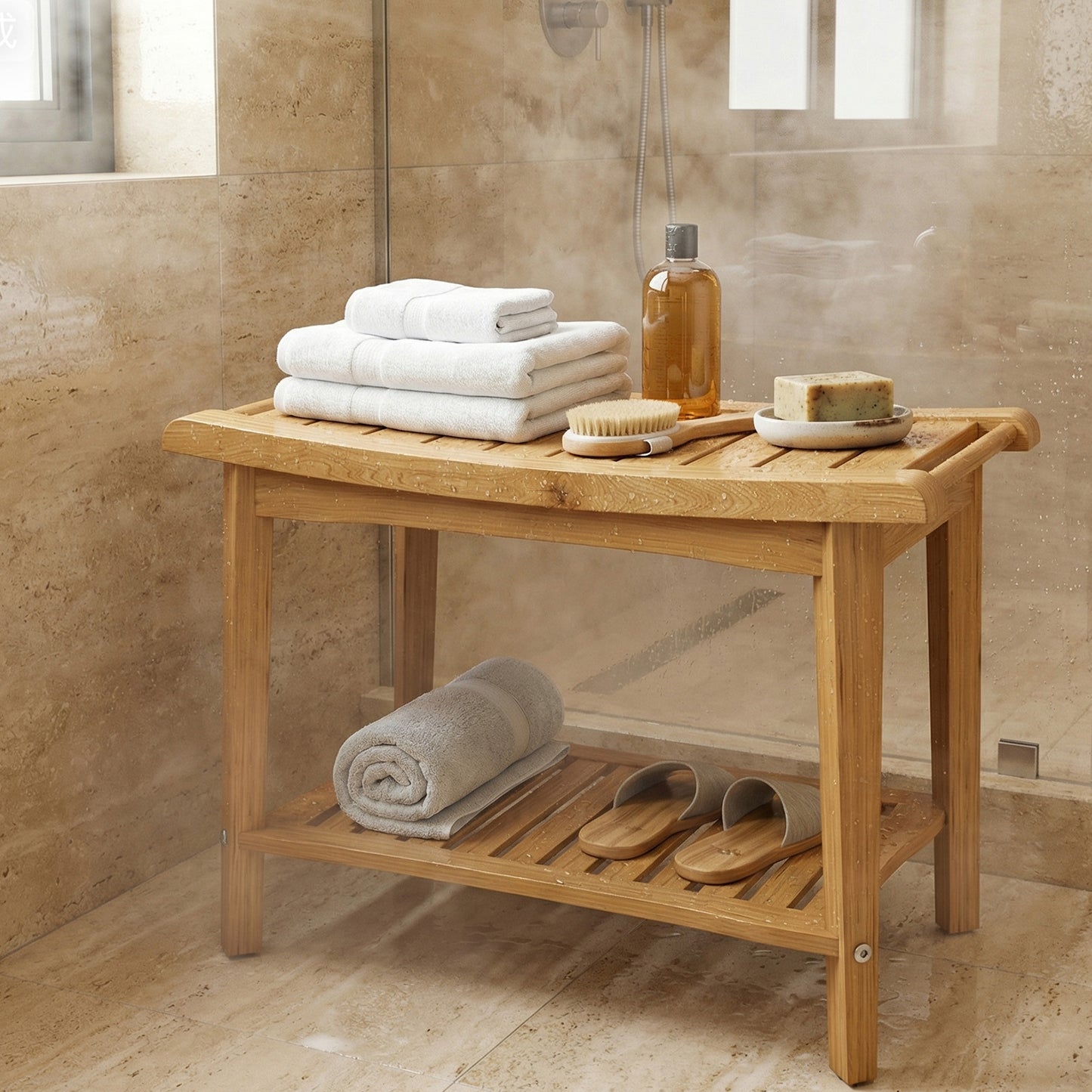 Shower Bench Wood Water Proof Ergonomic Shower Stool With Storage Shelf For Bathroom Spa Wood Color