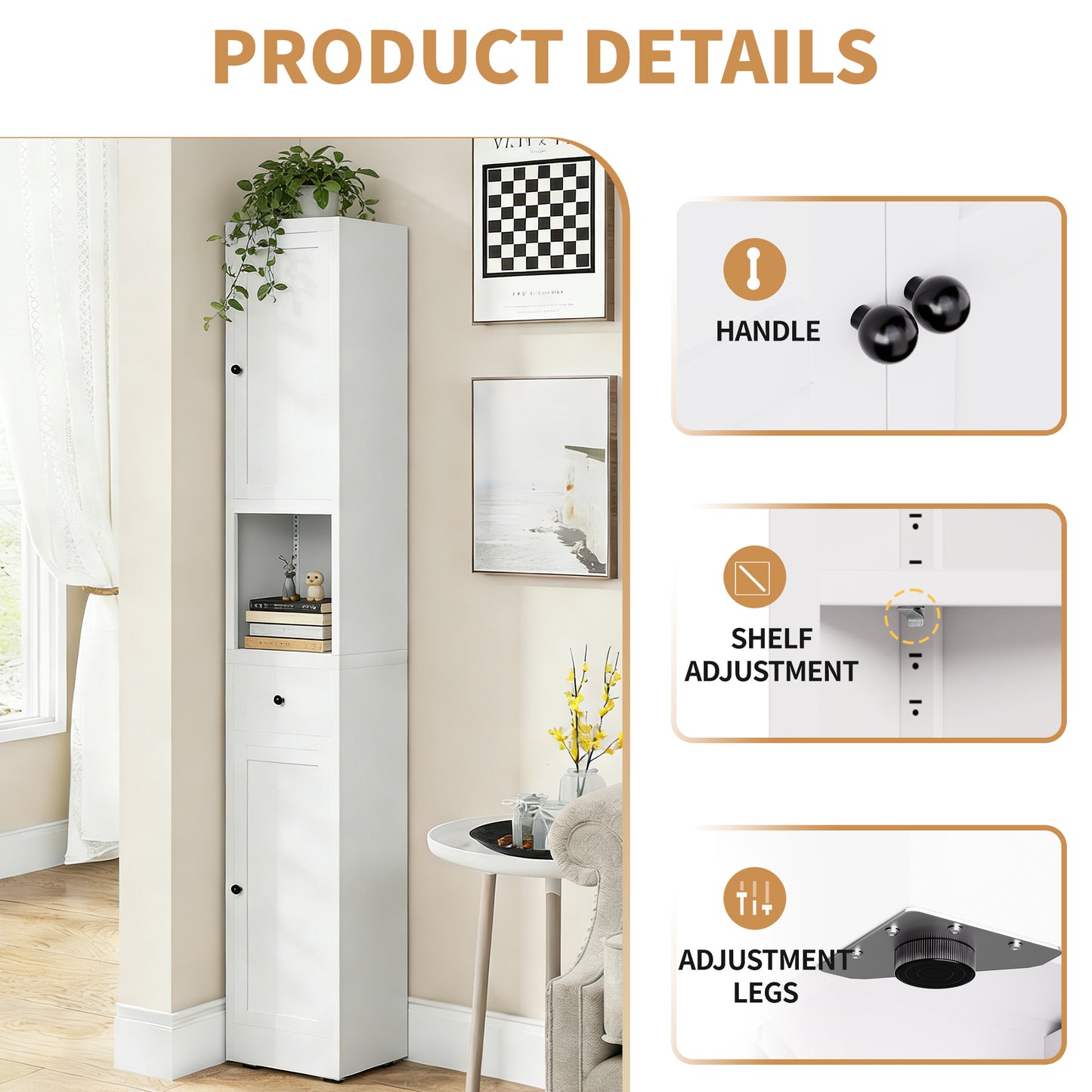 71 Inch Tall Bathroom Storage Cabinet, 5-Tier Narrow Metal Cabinet With 2 Doors & Adjustable Shelves, Freestanding Cabinet For Space Saving In Kitchen, Laundry Room, Pantry, White