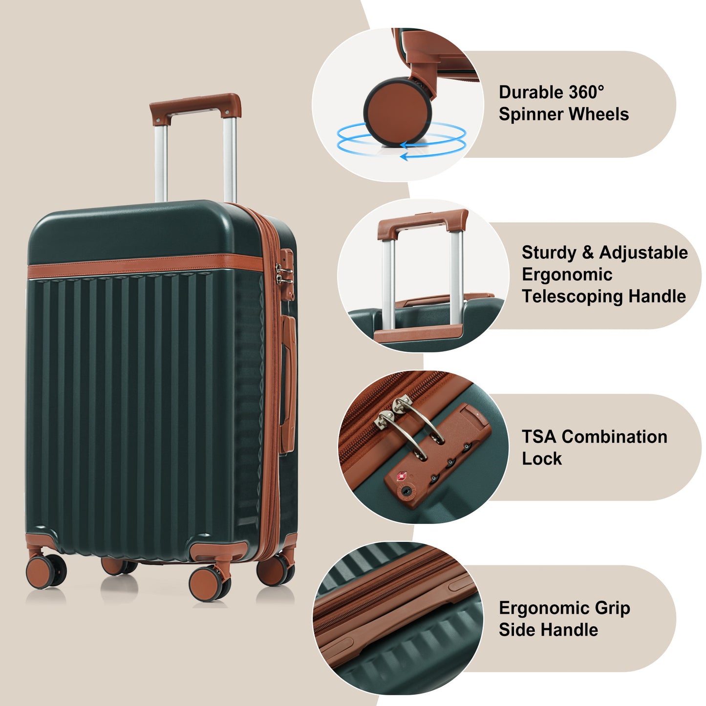 Luggage Set Of 3, 20inch With USB Port, Front Opening Design Airline Certified Carry On Luggage, ABS Hard Shell Luggage With Spinner Wheels,Dark Green