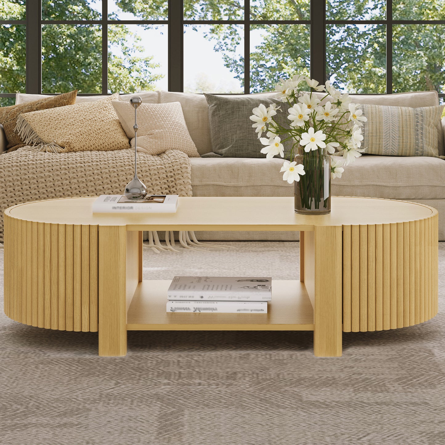 Oval Fluted Coffee Table With Storage For Living Room, Rubber Solid Wood, 1 Shelf & 2 Open Storage Doors, Natural, 47