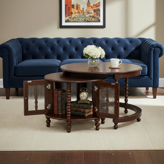 Vintage Round Nesting Coffee Table, Six Bamboo-shaped Decorative Glass Doors, Retro Beaded Legs, Walnut, 31.5