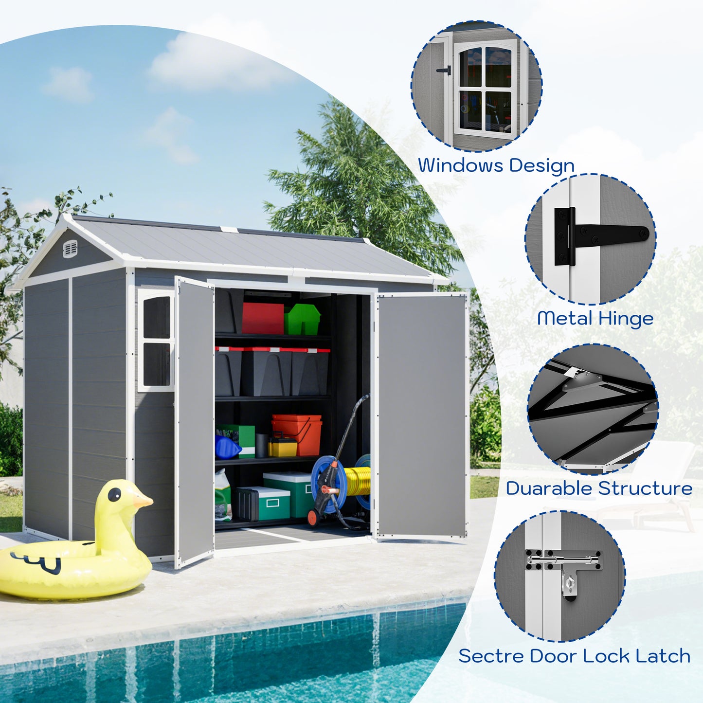 Plastic Utility Shed 8x6 Ft With Floor  Lockable Storage Shed For Garden Tools & Trash Bins, All-Weather Outdoor Organizer In Gray-White