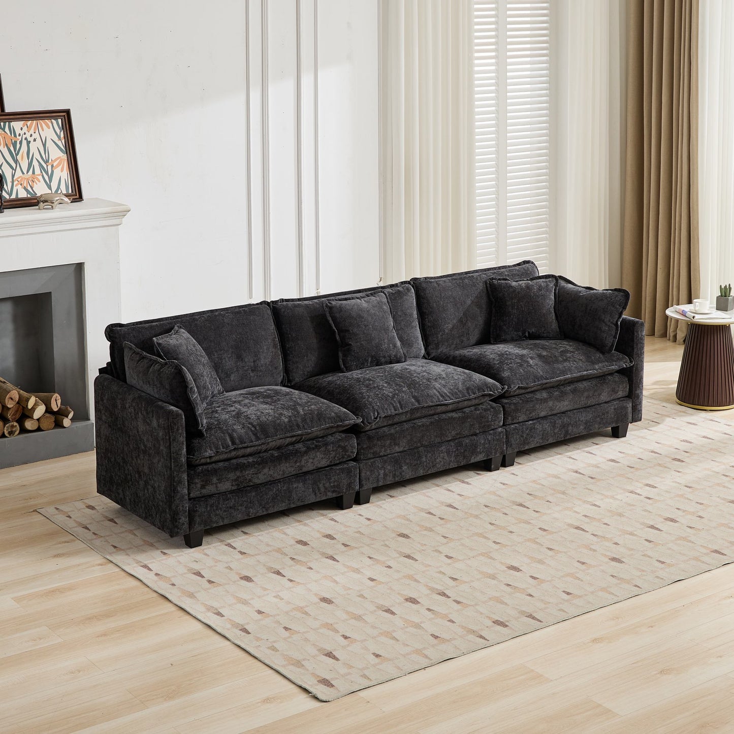 Cloud Sofa 3 Seats Ottoman Is Not Included, Modern Sectional Couch, For Living Room Bedroom And Apartment, Comfy Double Layer Upholstered Seat Cushion, Breathable Chenille Fabric, Black,SW5013BK