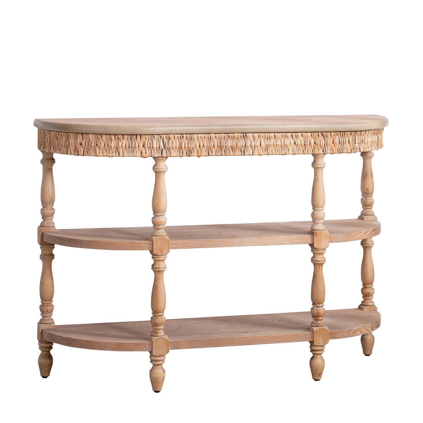 Handcrafted Wood Console Table With Hand-Woven Trim, 3-Tier Storage Shelves, Oval Entryway Table With Carved Legs, Rustic Coastal Farmhouse Accent Table, 49  Hallway Sofa Table