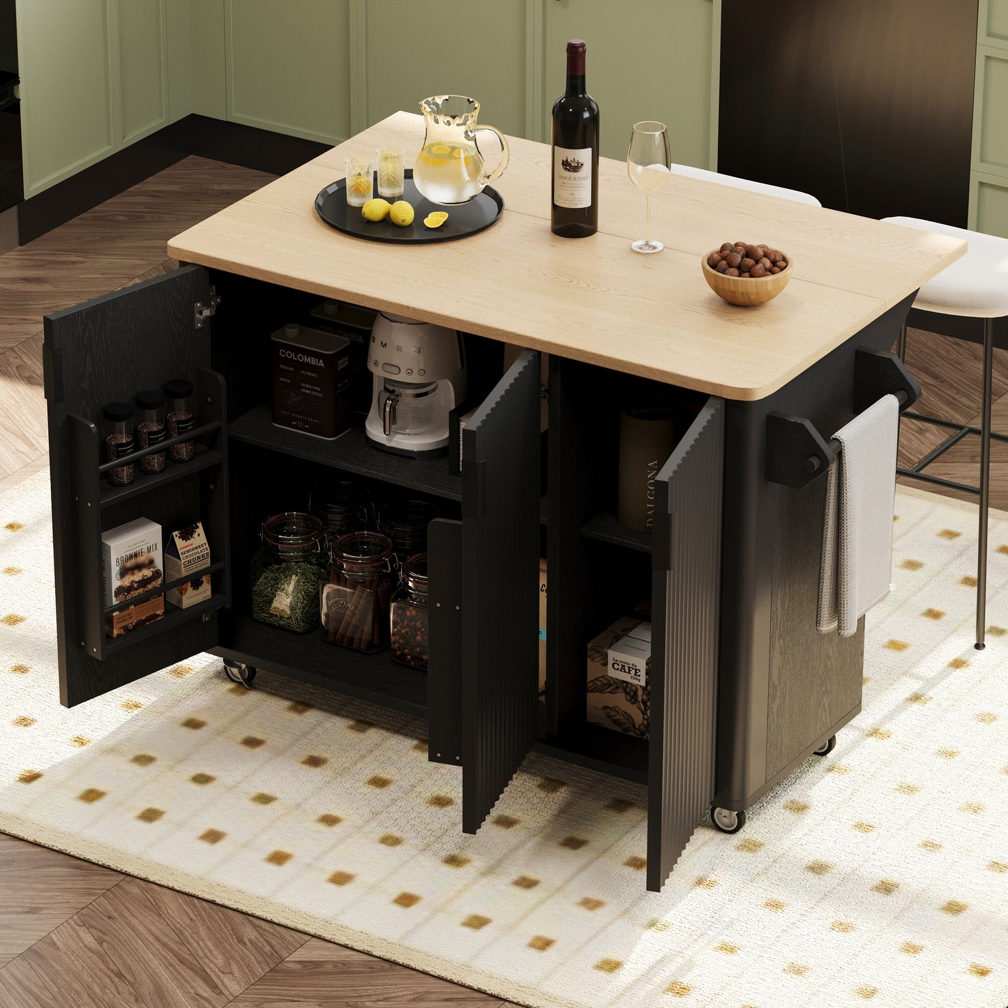 K&K 51   Fluted Kitchen Island With Drop Leaf, Farmhouse Accent Kitchen Island On Wheels With Internal Storage Rack, Rolling Kitchen Cart With Towel Rack For Kitchen, Dining Room, Black Ash