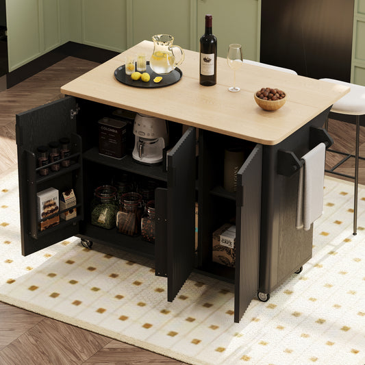 K&K 51   Fluted Kitchen Island With Drop Leaf, Farmhouse Accent Kitchen Island On Wheels With Internal Storage Rack, Rolling Kitchen Cart With Towel Rack For Kitchen, Dining Room, Black Ash