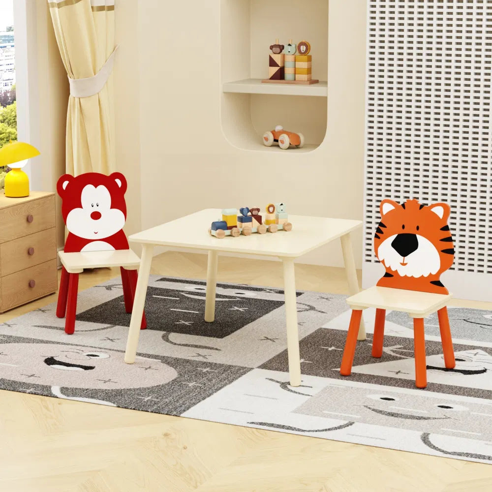 Kids Table And 2 Chairs Set, 3 Pieces Toddler Table And Chair Set, Wooden Activity Play Table Set - Bear&Tiger