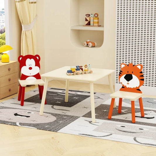 Kids Table And 2 Chairs Set, 3 Pieces Toddler Table And Chair Set, Wooden Activity Play Table Set - Bear&Tiger