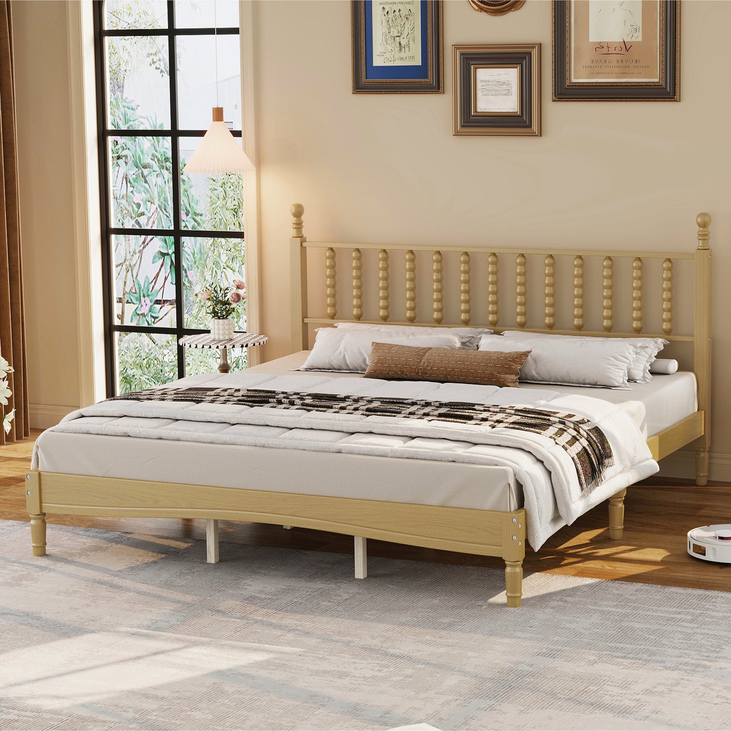 King Size Wood Platform Bed With Gourd Shaped Headboard,Retro Style Platform Bed With Wooden Slat Support,Natural