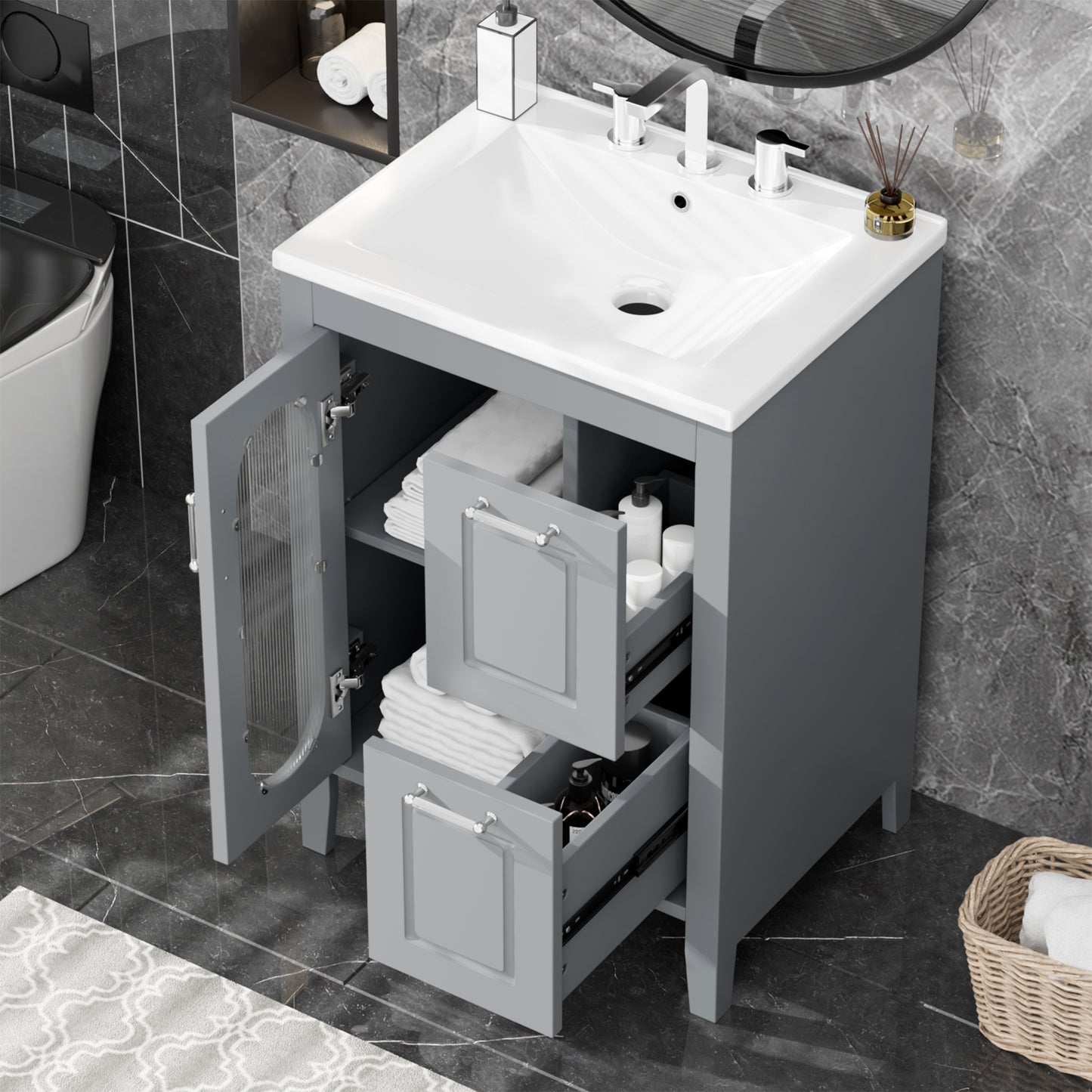 24  Bathroom Vanity With Sink, Bathroom Vanity Cabinet With Two Drawers And Door, Adjustable Shelf, Solid Wood And MDF, Grey